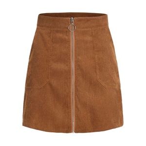 Camel Corduroy Zip Front High Waist Mini Skirt